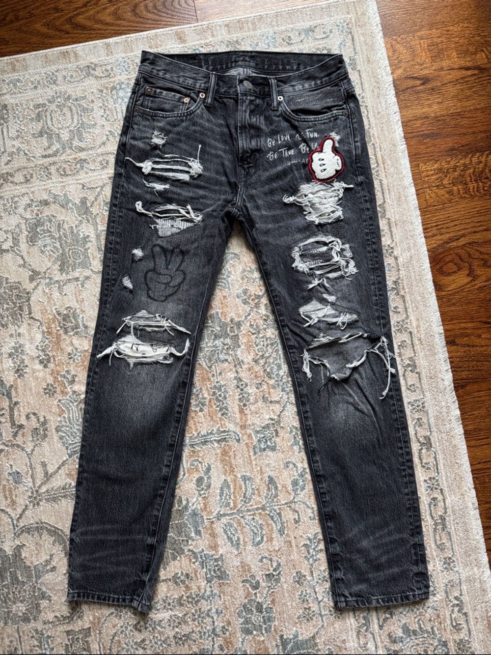 American Eagle Outfitters Black Disney Mickey Mouse Distressed Slim Jeans 29x30